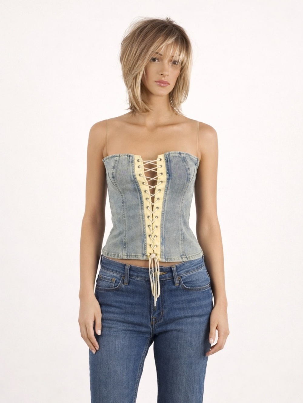 AKIRA Light Wash Denim Lace Up Corset Top Strapless Bustier Size Medium Y2K